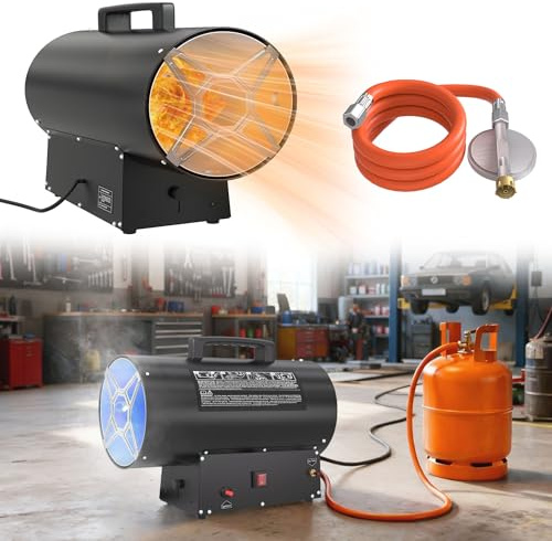 UISEBRT Riscaldatori a gas, 30 KW, termostato, generatore di aria calda, nero (220 V-240 V, bombole propano/butano, con valvola di riduzione della pressione e tubo del gas)