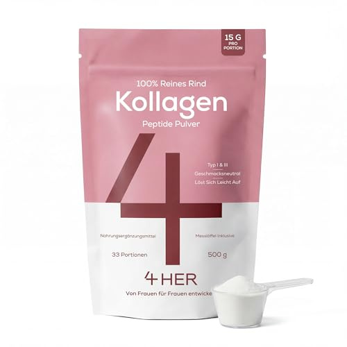 4 HER Collagene Idrolizzato in Polvere per Donne 500g – Ad Alto Contenuto Proteico, 100% Puro – Senza Aromi Aggiunti, Senza Additivi – Si Mescola Facilmente – Peptidi di Collagene Bovino Tipo 1 & 3