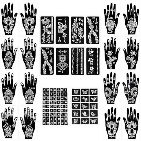 Tatuaggi Temporanei Henna Stickers Mehndi, 2 Fogli A4+8 Mani+8 Geometrici, Tatuaggi Finti Uomo Donna Bambini, Ideali per Matrimoni Feste Vacanze Spiaggia, Disegni Realistici a Lunga Durata