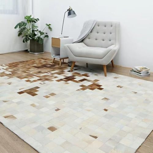 Suixtil Alfombra de Piel Vaca retales, a Cuadros, Tricolor, Suave, Duradera, Rectangular, for Comedor, Pieza llamativa Natural(1600MMx2300MM)