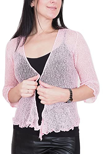 Mimosa damer virkad rull Bolero glitter eller vanlig superstretchig spets fisknät slips i midja Bolero öppen cardigan passar UK 6-28, Babyrosa, One Size (Stor)