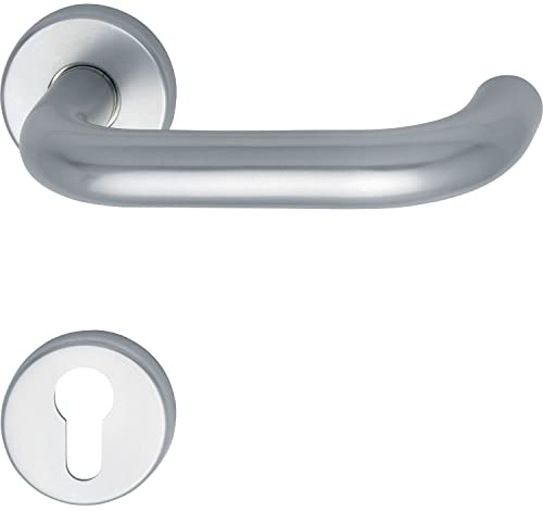 GRUNDMANN Geos 102810 Silver 1754/D6K Handle Set on Rosette PZ for Fire Doors ÖNORM Door Fitting VK 8.5, Anodised Aluminium