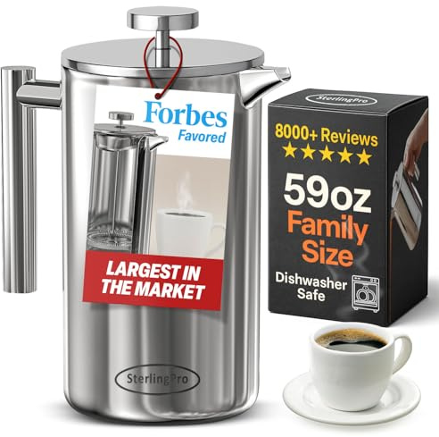 SterlingPro Stainless Steel French Press Coffee Maker 1.75 L (59 oz) Mirror – Double Walled Insulated Extra Large French Press, Durable Design Keeps Drinks Hot, Easy to Use and Clean for Rich Flavor