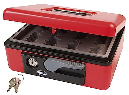 Amig - Sicherheits Geldkassette aus Stahl | Mit Münzschale und Schlüssel | Automatischer Griff | Kompakt und Vielseitig | Farbe Rot, 197x154x80 mm