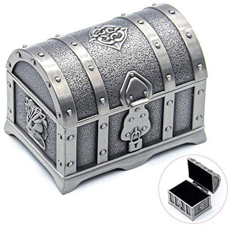 AUEAR, Vintage Metal Jewelry Box Treasure Chest Trinket Rectangle Small Ring Earrings Necklace Keepsake Gift Holder Case for Ladies Women Tin Color