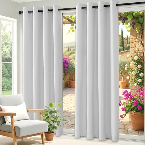 Clothink Outdoor Vorhänge Wasserfest Sonnenschutz Winddicht Rostfrei Schnelltrocknend mit Ösen für Terrasse Garten Balkon Familienhaushalte einfache Montage farbecht(132x215cm,1 Stück, Grau-Weiß)