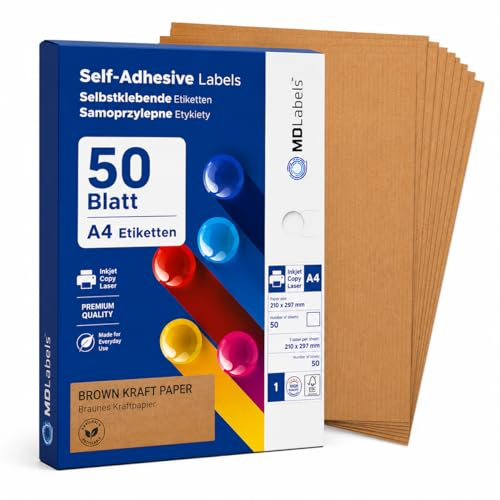 MD Labels självhäftande kraftpapper A4-50 ark – bruna klistermärken självhäftande etiketter för märkning för förvaringsburkar – ribbade kraftpapper