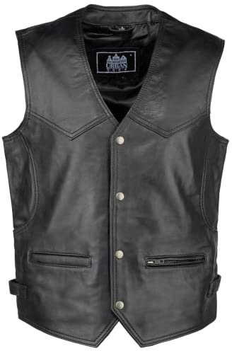 URBAN 5884 Gilet in Vera Pelle Stile Biker, Gilet Pelle Moto, Pelle Ovina Comoda e Confortevole, Gilet da Motociclista con chiusura a Bottoni, Nero, 5XL