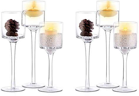 Nuptio Teelichthalter 6 Stück Glas Kerzenhalter - Teelicht & Schwimmkerzen Hohe Elegante Stumpenkerzenhalter für Hochzeit Party Tisch Weihnachten Tafelaufsätze Wohnzimmer Heimdekoration