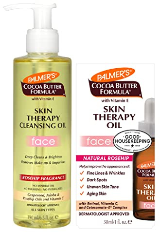 Palmer's Face Oil + Facial Cleanser Oil, Cocoa Butter with Vitamin E & Rosehip Fragrance Skin Care Bundle, Includes 1 Cleansing Oil to Clean & Brighten Skin (6.5 fl oz) and 1 Facial Oil (1 fl oz)