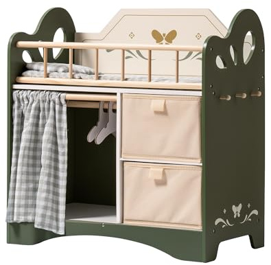 ROBOTIME Baby Doll Crib, Wooden Doll Bed, Toy Baby Crib with Storage, Bedding, and Wooden Hooks, Doll Crib Fits Dolls up to 22’’, Doll Furniture for American Girls Ages 3+ (Green)