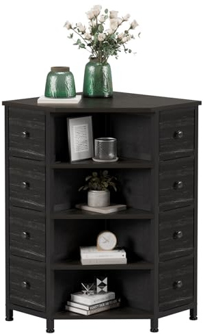 LUMTOK 8 Drawers Corner Dresser with Storage Fabric Drawers and Open Shelves for Small Space，Bedroom，Entryway，Living Room (Black Wood Veins)
