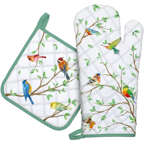 Arquiel Ofenhandschuh und Topflappen 2er Set, 100% Baumwolle Kochhandschuhe, Hitzebeständiger Küchenhandschuh Zum Kochen Backen Grillen Geschenk,Astvogel