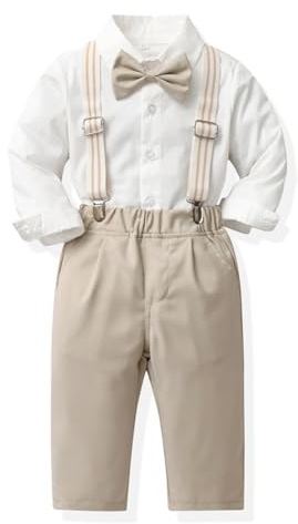 Acuryx Completini e Coordinati Gentiluomo Set per Bambino Ragazzo Battesimo Completo Camicia con Farfallino + Pantaloni con Bretelle 120cm
