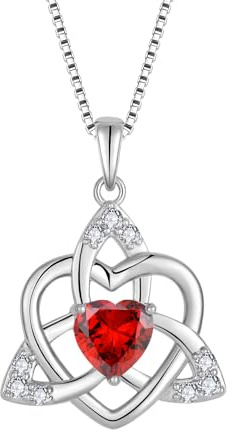 FJ Collier Noeud Celtique Irlandais Argent Sterling 925 Pendentif Coeur Pierre de Naissance Janvier Grenat Collier pour Femme Fille