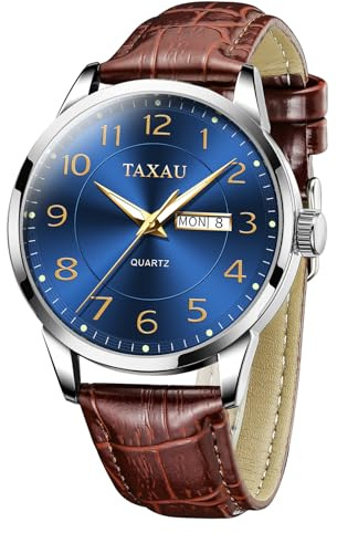 Taxau Mens Watches Leather Strap - Big Face Analog Quartz Dress Watch with Day Date - Waterproof Wrist Lether Watch for Men