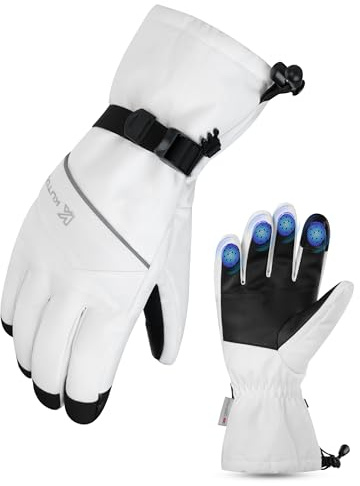 KUTOOK Skihandschuhe Herren Damen Wasserdicht Snowboard Handschuhe Warm Winddicht Touchscreen Reflektierende Winterhandschuhe Snowboardhandschuhe Winter Weiß L