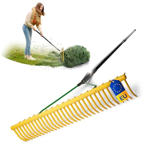 Novatool Gartenrechen mit Grasfang-Vorrichtung, 32 Zinken und Teleskop-Stiel bis 152cm, Arbeitsbreite 64,5 cm, Rechen aus Kunststoff und Metall, Laubsammler, Laubrechen, Rasenrechen, Gelb