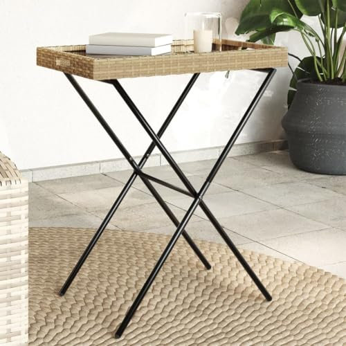 BOWEKAM Home & Garden-Folding Tray Table Beige 65x40x75 cm Poly Rattan-Furniture Choice