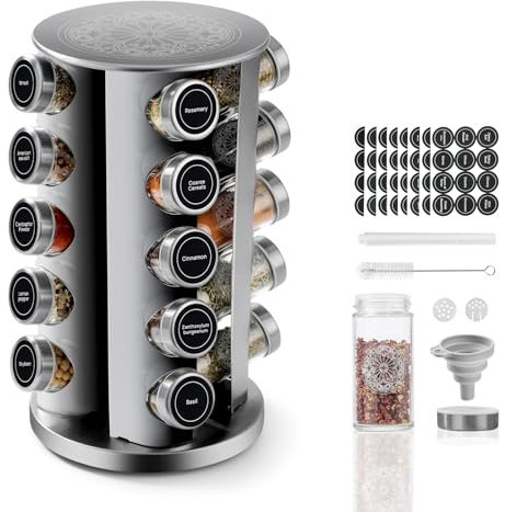 SXTIHD Rotating stainless steel spice rack with 20 * 100 ml round jars, labels