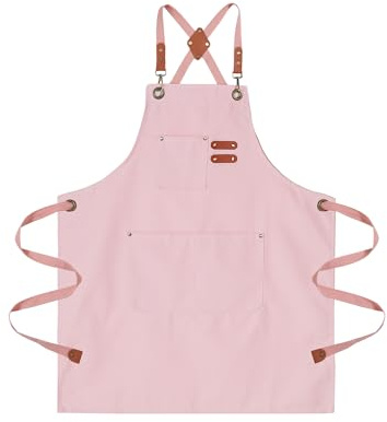 ARBINSON Chef Aprons for Men Canvas Apron with Large Pockets and Adjustable Neck Strap for Cooking, BBQ, Gardening (Pink)