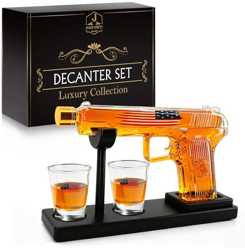 Jolitac Gifts for Men Dad, Father Pistol Gun Whiskey Decanter Set with Two Shot Glasses - Anniversary Present Ideas for Brother, Cool Home Bar Decor and Drinking Party Accessories Liquor Dispenser