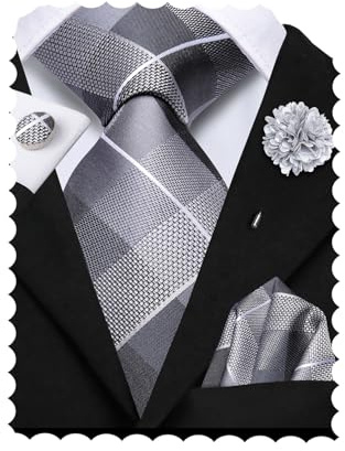 Hi-Tie Silver Grey Ties for Men Silk Plaid Checks Mens Ties Dress Necktie Pocket Square Cufflinks Flower Lapel Pin Set