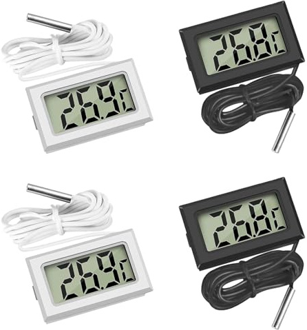 Digital Thermometer for Fridge, Aquarium, Fish Tank with External Temperature Probe – Portable Fridge Thermometer, Moisture Resistant, Clear LCD Display(2 White &2 Black)