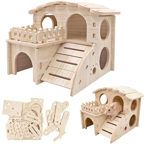 Youery Maison Hamster,Maison en Bois pour Hamster,Kit de Construction en Bois pour Maison de Hamster - avec Toboggan et Échelle, Maison d‘Angle pour Rongeurs et Petits Animaux 14 x 13 x 12,5 cm