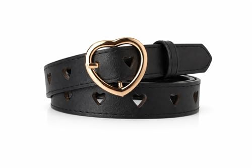 JILLICK Black Women's Waist Belt with Gold Heart Buckle Adjustable Elastic Stretch Leather for Dresses Jeans High-Waist Outfits, Corset, Skinny, Thin, Chain, Size, Rhinestone, Boho, Print (Black)