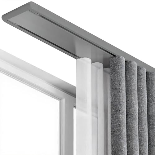 Dubbelspår 2-lane takmonterade aluminiumstänger för smidig glidning dubbelspår system för vardagsrum och sovrum (grå 2,2 m)
