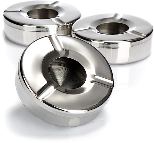 com-four® 3X Aschenbecher aus Edelstahl - Windaschenbecher mit abnehmbarem Deckel zum Schutz vor Flugasche - Ø 11 cm (003 Stück - Edelstahl)