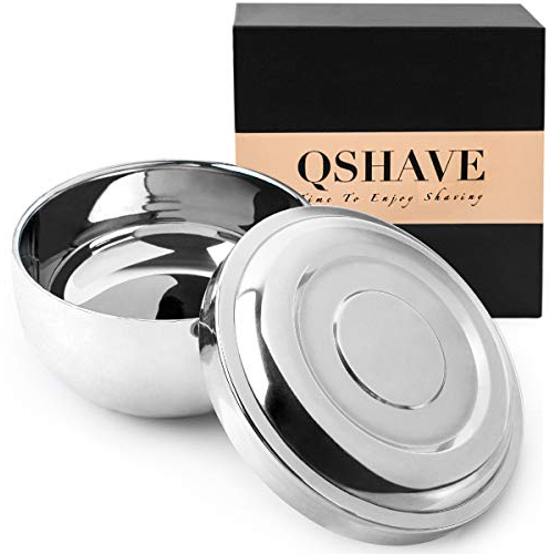 QSHAVE Ciotola per sapone da barba, shave tazza rasatura, in acciaio inox, con coperchio, 10cm, dimensione profonda, articolo placcato al cromo