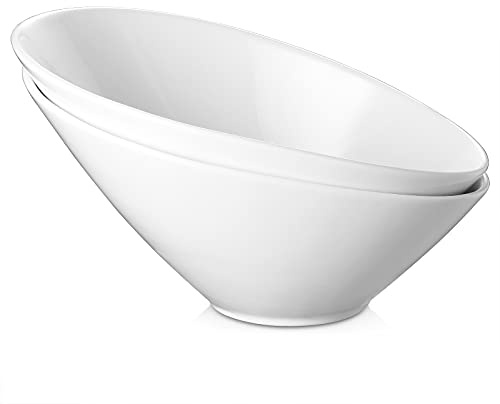 DOWAN 23 OZ Slanted Salad Bowls of 2 Packs - 9.5 Angled Serving Bowls for Salad, Fruit, Snacks - Ceramic White Bowls for Restaurant, Daily Use - Dishwasher & Microwave Safe