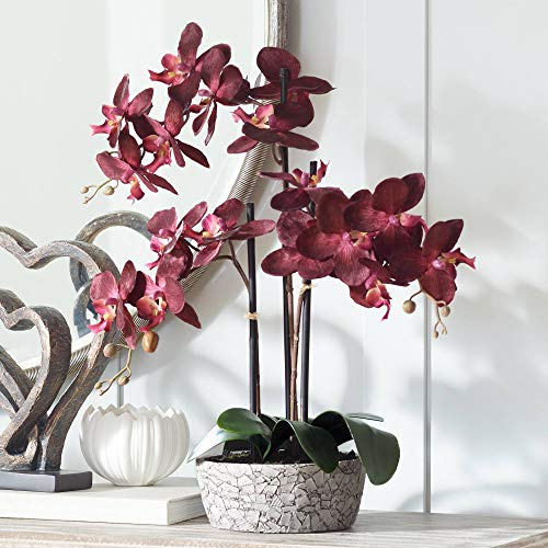 Studio 55D Potted Silk Faux Artificial Flower Arrangement Realistic Red Orchid in Crackle Gray Vase for Home Decoration Living Room Office Bedroom Bathroom Kitchen Dining Room 24 High