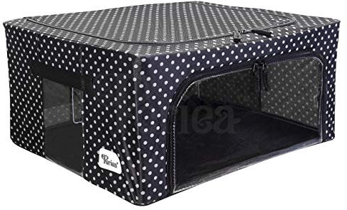Periea ‘Beau’ Folding Collapsible Stackable Fabric Home Storage Boxes with Steel Frames (Black with White Polka Dots, Medium)