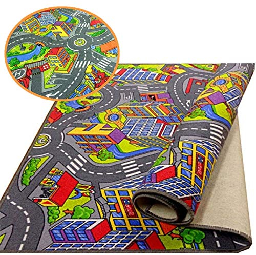 Kinderteppich Spielteppich Straßenteppich Stadt Kinderzimmer Häuser Auto Teppich für Jungen und Mädchen (160 x 220 cm)