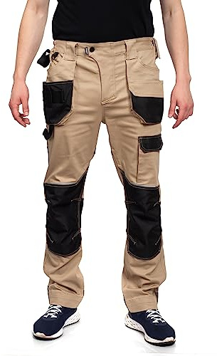DINOZAVR Flex Pantalon De Travail Homme Avec Passants De Ceinture, Pantalon Cargo Homme Extensible, Fermeture Éclair YKK, Poches Arrière Et Cargo, Renforts Oxford 600D, Élasticité Optimale Kaki - EU52