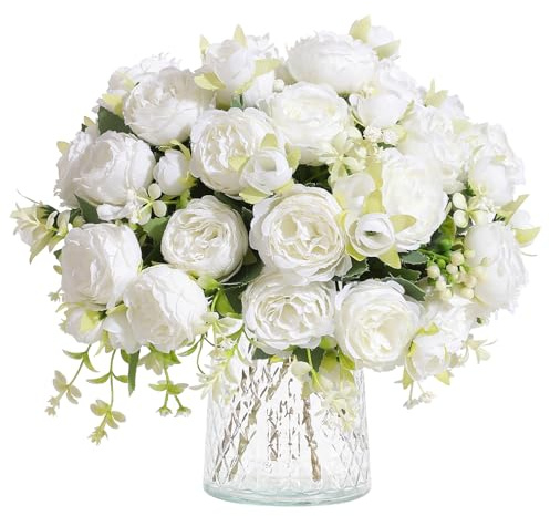Hobyhoon 4 racimos de flores artificiales de peonías para decoración, ramo de rosas falsas, flores de seda de tacto real, para jarrón, boda, decoración del hogar (blanco)