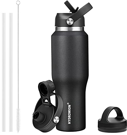 HYDROWION 32oz Stainless Steel Water Bottle(Cold for 48 Hrs, Hot for 24 Hrs),Double Wall Vacuum Insulated Water Bottle with Straw Lid, Spout Lid and Flex Cap, Fit in Any Car Cup Holder,Black