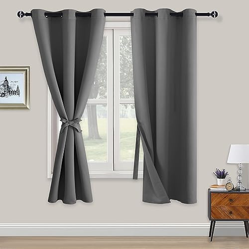 XWZO Blackout Curtains Shades Window Curtain Panels with Tiebacks- Noise Reduction and Thermal Insulated Eyelet Curtains for Bedroom,Living Room,Office,Study Room Grey W46xL72