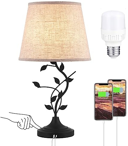 Kakanuo USB Touch Table Lamp Bedside Lamp with USB C Charging Ports for Living Room, Beige 3 Way Dimmable Traditional Nightstand Lamp Retro Table Lamp for Bedroom and Office (LED Bulb Included)