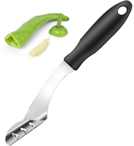 Rainspire 2-in-1 Jalapeno Corer, Stainless Steel Pepper Seed Remover with Serrated Edges, Comfortable Rubber Handle - Black