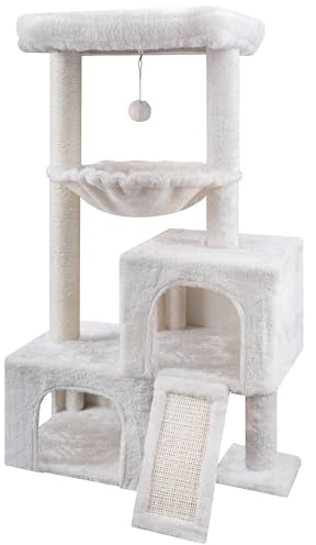 AIWIKIDE 37.4 Cat Tree Tower with Twin Cat Condos for Indoor Cats, All-in-One Activity Center with Cat Scratching Post Cozy Sleeping Perch Hammock and Toy Balls,Beige