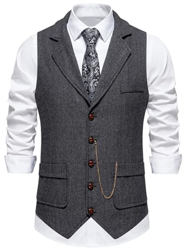 maxToonrain Gilet de costume classique en tweed décontracté sans manches à chevrons pour smoking, noir classique, L