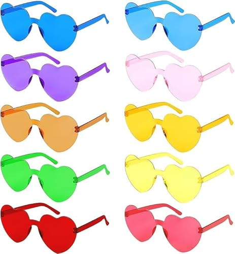 SULOLI 10 Stück Herz Sonnenbrille,Lustige Sonnenbrillen,Bunte Hippie Brille Set,Herz Partybrillen für Geburtstagsfeier,Fasching，Karneval，Party