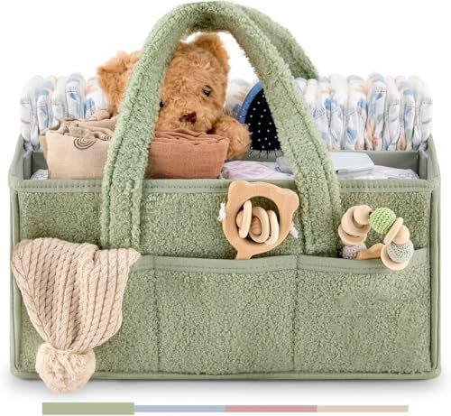 KILPDNZA Wickeltasche Organizer, Wickelorganizer, Wickel Organizer, Baby Organizer Korb mit Fächern & Griffen - Neugeborenen Geschenk 2025 (Salbeigrün)