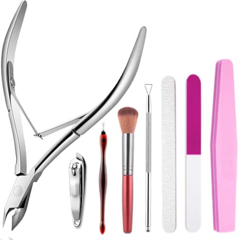 Taglia Cuticole Professionale, 8 pcs Lime e Buffer per Unghie, Tronchese Unghie Acciaio Inox per Unghie Incarnite Spesse Dure, Kit di Strumenti per Manicure con Spingi Cuticole