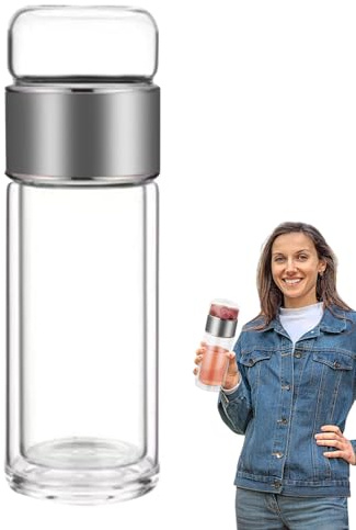 Hlagmix Botella de té con infusor, taza infusora de té a prueba de fugas, botella de té portátil de vidrio de doble pared, botella infusora para té y frutas