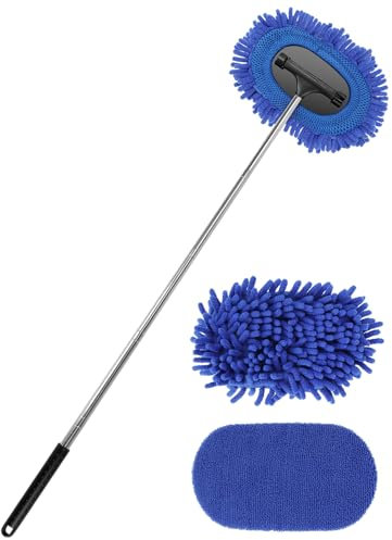 3 in 1 Car Windshield Cleaner Tool 40”Car Rearview Mirror Wiper Squeegee wash Brush Extra Large Washable Microfiber Pad Extendable Handle Auto Window Glass Cleaning Kit Interior Exterior Dusting